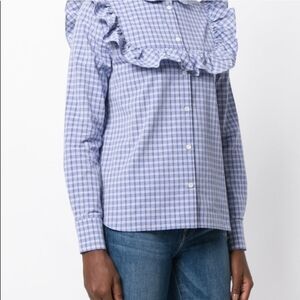 MAISON KITSUNE Blue Ella Jabot Checkered Ruffled Bib Shirt - Size 38 (US 8)